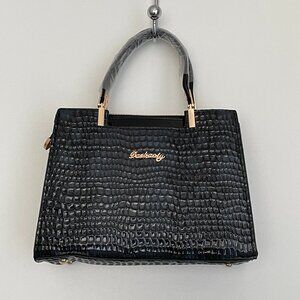 Embossed Crossbody Croc PU Leather Satchel Removable Strap Navy NWOT